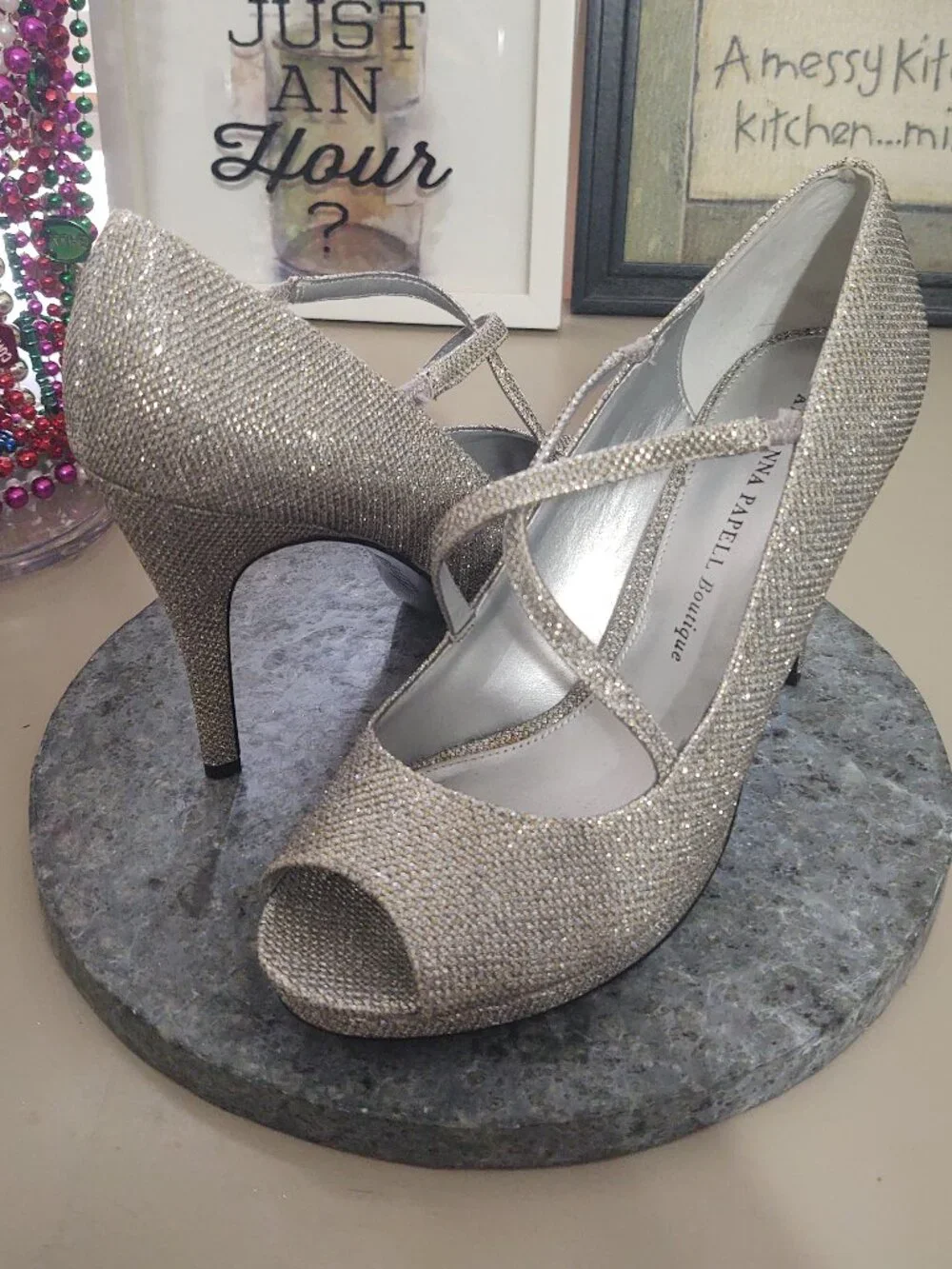 Adrianna Papell Boutique Silver Sparkle Peep Toe Heels 9.5